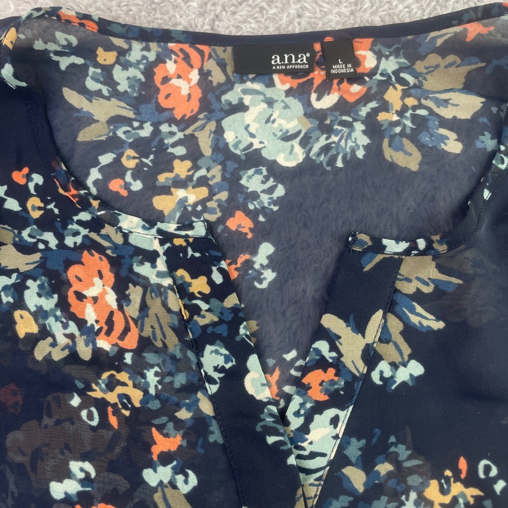 a.n.a Peplum Blouse Womens Large Navy Blue Floral Sheer Cap Sleeve V-Neck Top - Picture 2 of 6